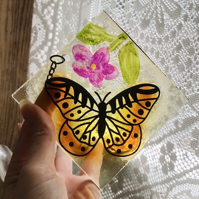 Window Hanging Glass Square Tile Butterfly And Flowers Painted Art Sun Catcher
