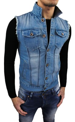 SMANICATO DI JEANS UOMO BLU DENIM CASUAL GILET CARDIGAN SLIM FIT da M a XXL  | eBay