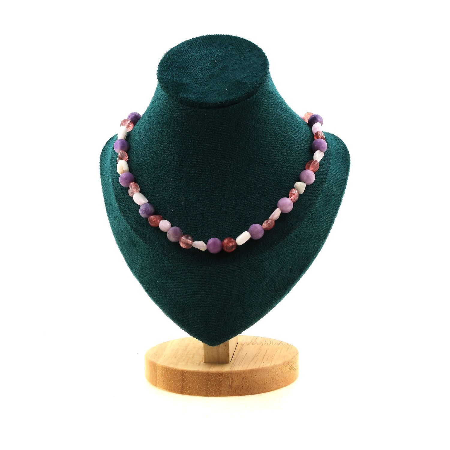 Collier perles quartz fraise Madagascar kunzite Brésil bijou lithothérapie