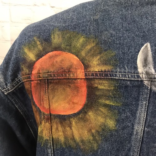 Vtg Gitano Trucker Jean Jacket OOAK Hand Painted Cowboy Portrait Sun Size L - Picture 4 of 12