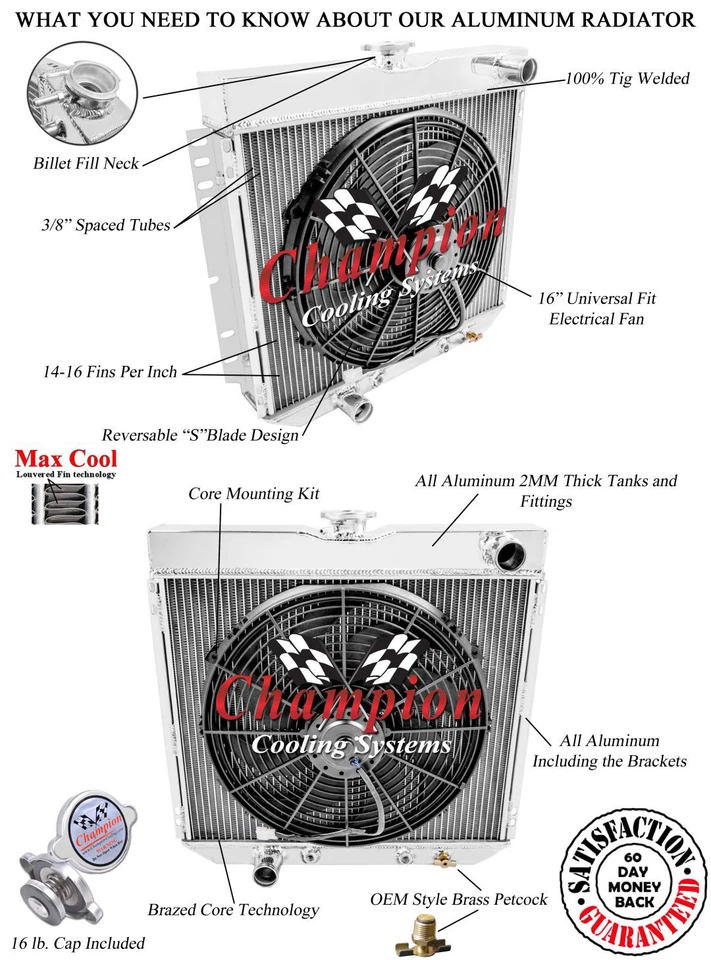3 filas RR Champion radiador manguera baja conductor 20",16" ventilador-1970-1977 Ford Maverick Foto 3 de 4