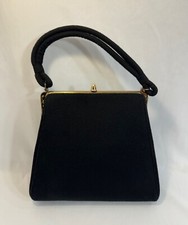 VINTAGE BLACK WOOL EVENING PURSE HANDBAG GOLD CLASP CLUTCH 12" X 10"