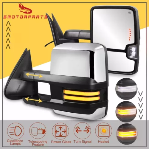 Chrome Power Heated Dynamic Signal Tow Mirrors For 14-18 Silverado GMC Sierra