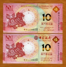 Set Macao / Macau, 2 x 10 Patacs, BNU + BDC 2014 P-New, UNC Horse