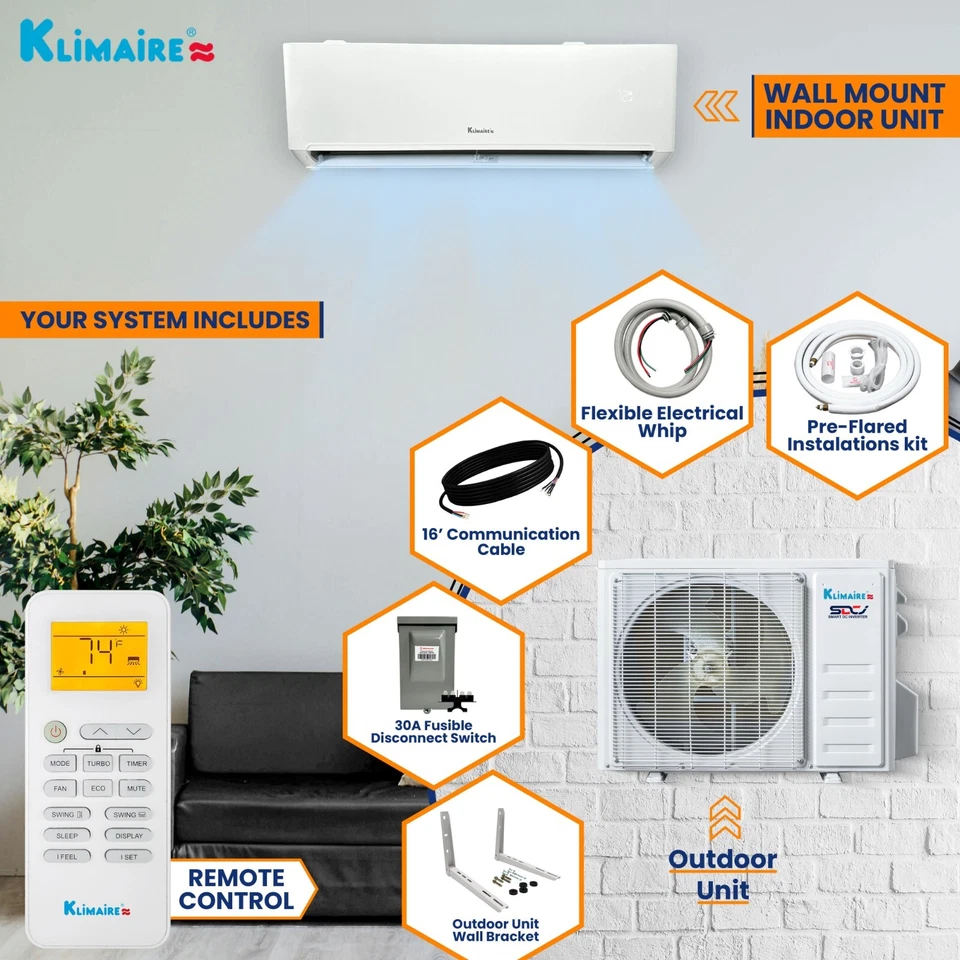 Klimaire 9,000 BTU 23 SEER2 Ductless Mini-Split Heat Pump Air Conditioner 400 sq - Image 2 of 4