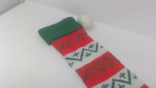 Vtg Acrylic Knit 23" Christmas Stocking Red Green White Pom Pom - Picture 5 of 10