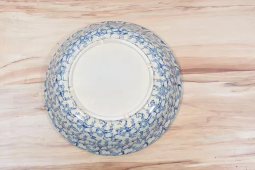 Vintage RRP Co USA Roseville Ohio Pottery Blue Spongeware 12" Pasta Bowl