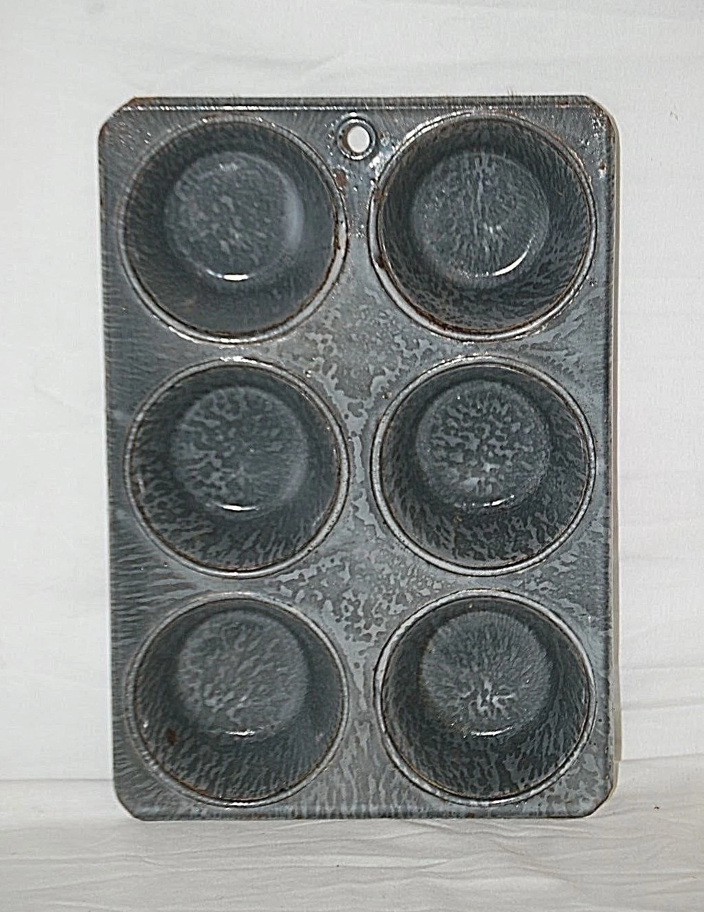 Antique Primitive Graniteware Gray Splatter Baking 6 Cup Muffin Pan Tool c