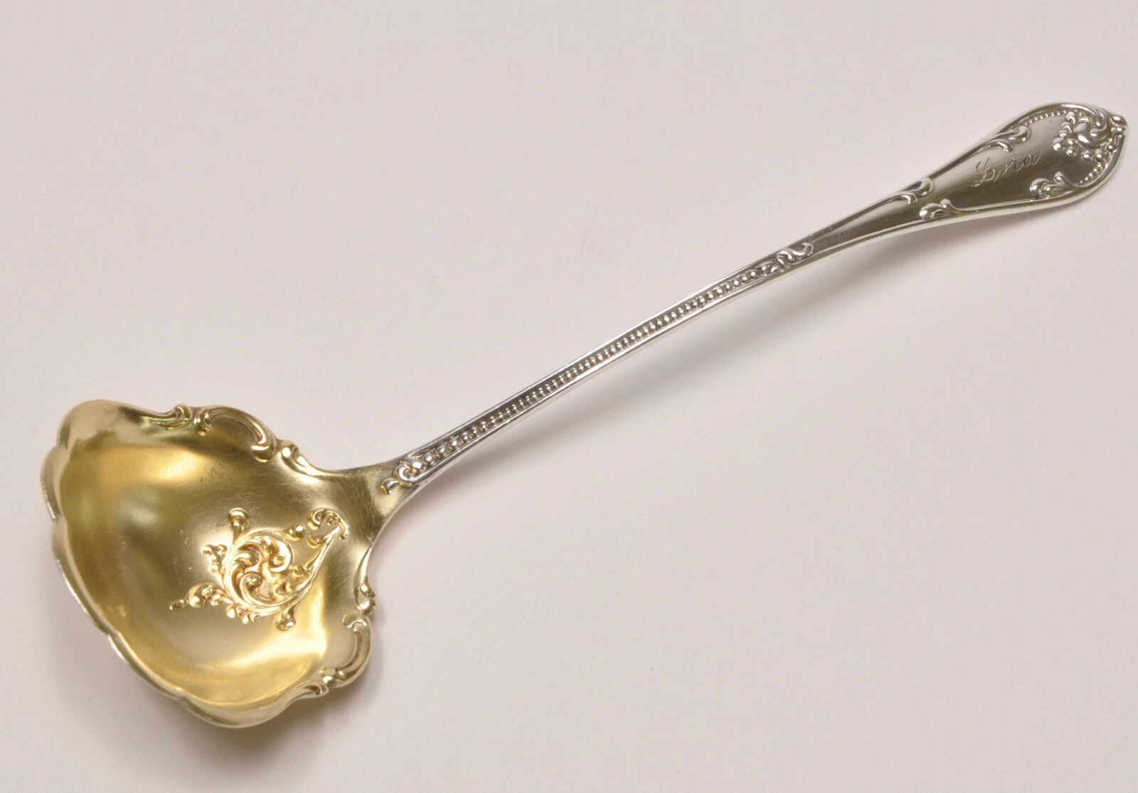 Towle Sterling Silver Rustic Pattern Sauce Ladle Gold Wash Bowl w Monogram 5 1/8