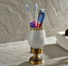 Antique Brass Bathroom Free Standing Toothbrush Holder with Ceramic Cup 2ba498