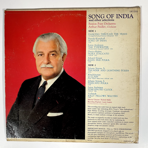 BOSTON POPS FIEDLER Song Of India Vinyl LP 1959 RCA Living Stereo Shaded Dog - Bild 2 von 4