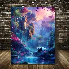 Vibrant Panda in Magical Forest Scene Painting Metal Print Ready to Hang