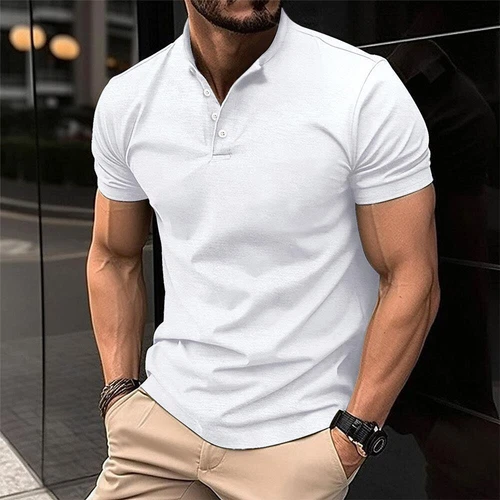 Mens Henley Grandad Collar Tee Plain T-Shirt Short Sleeve Casual Button Top New - Photo 9/28