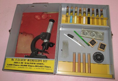 Vintage Gilbert No.9 Chemistry Microscope & Lab Set w/Metal Case & Compounds