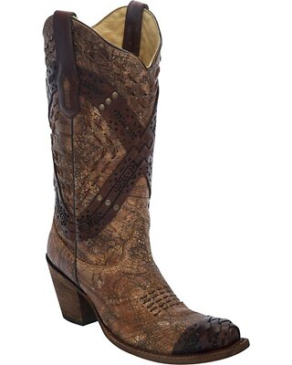 CORRAL Women's Cognac Braided Straps and Studs Cowgirl Boot Snip Toe - A2990