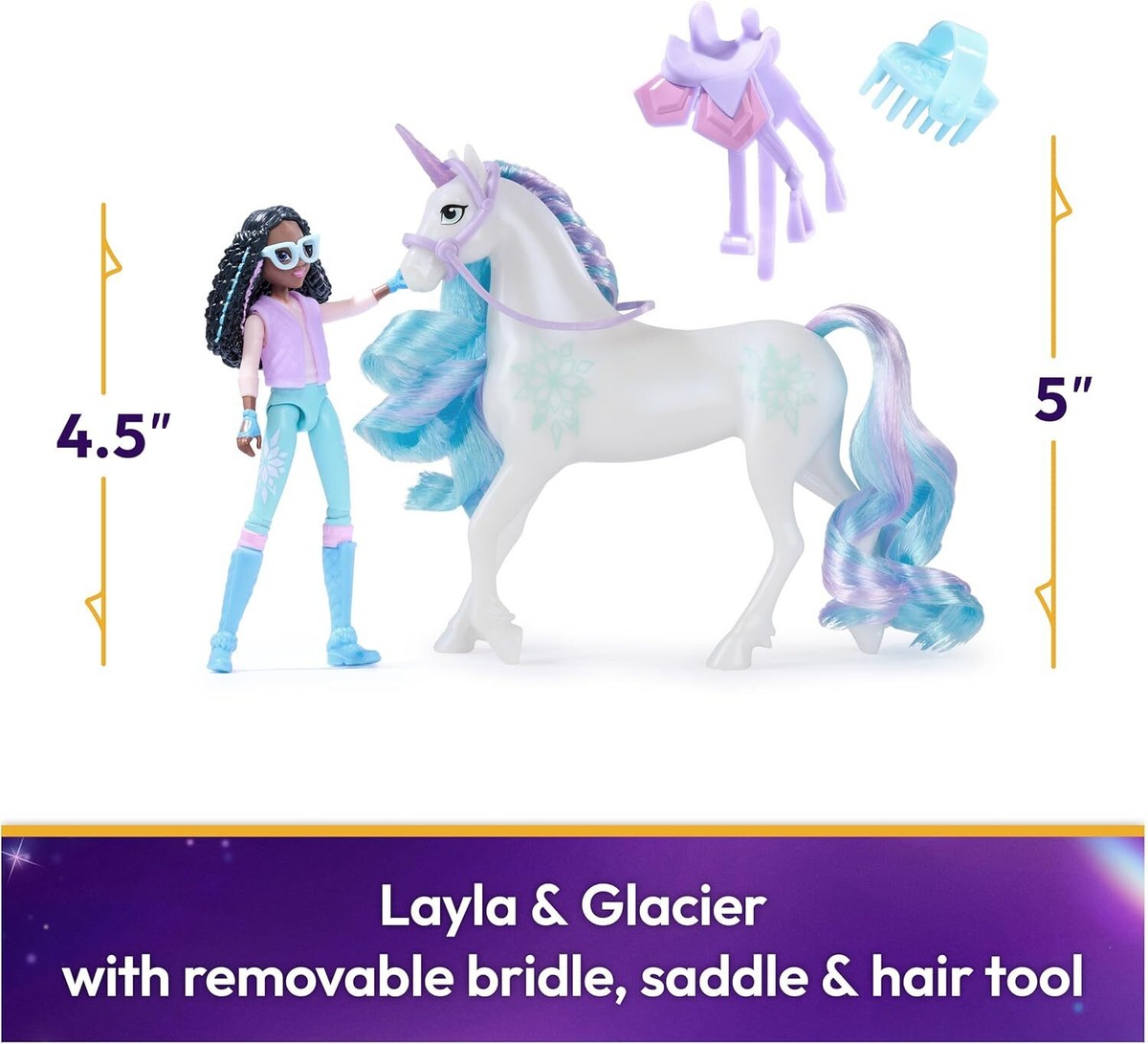 Unicorn Academy Glacier - Licorne Originale de Layla sur la série Netflix - avec véritable crinière et Queue - Bride et Selle Amovibles - Brosse