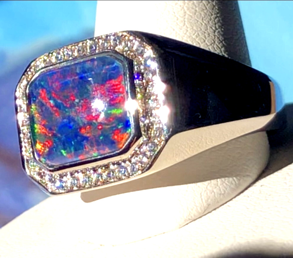 Mens Solid Black Opal Signet ring 9 Red Blue FIRE Halo Heavy Sterling ring VIDEO image 3