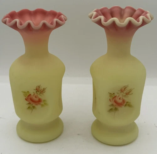 VTG Fenton Satin Rose Burmese 7" Vase Signed Frances Burton Uranium Glass 1970's