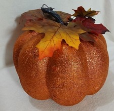 Harvest Thanksgiving Halloween Decor Orange Glitter Foam Pumpkin Leaf Accent 5"T