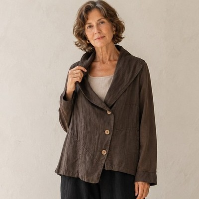 FLAX Linen Jacket Petite P Brown Button Front Lagenlook Made Lithuania