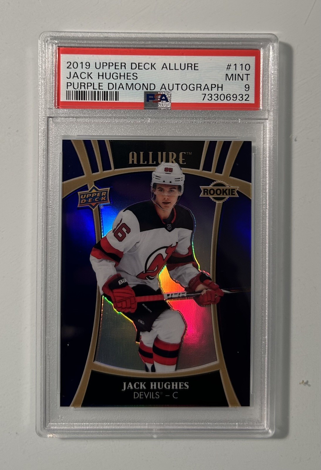 JACK HUGHES 2019-20 Upper Deck Allure Rookie Purple Diamond /10 PSA 9