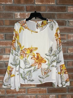 Versions Sheer Cream Floral Boho Top Blouse Bell Sleeves Size Large NWT