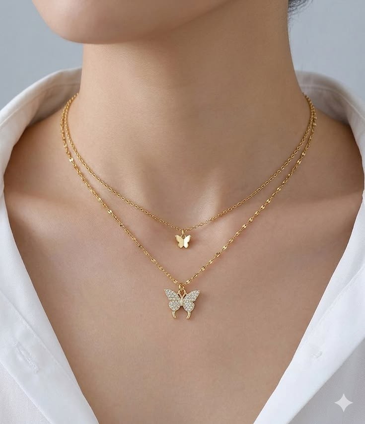 Double Chain Women Fashion Jewelry Gold Cubic Zircon Butterfly Pendant Necklace