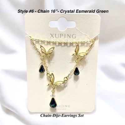 Gold Laminated | Butterfly Set Emerald Green |16'' Chain + Charm and Earrings