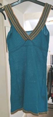 90er Vintage türkis blau gelb Strand Sonne Minikleid XS UK 8 Sixties Style
