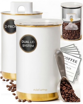STYLED SETTINGS Vacuum Coffee Container Set   2 Piece Coffee Jars with Lids for