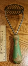 VINTAGE Potato Masher-Metal, Unique Chevron Slats. Green Wood Handle. Well Used!