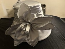 Silver Satin Cloche Formal Hat w/ Large Flower Accent