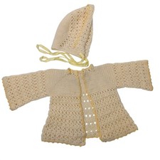 Vintage Hand Knit Newborn Baby Cardigan Sweater And Hat Unisex Ivory Yellow READ