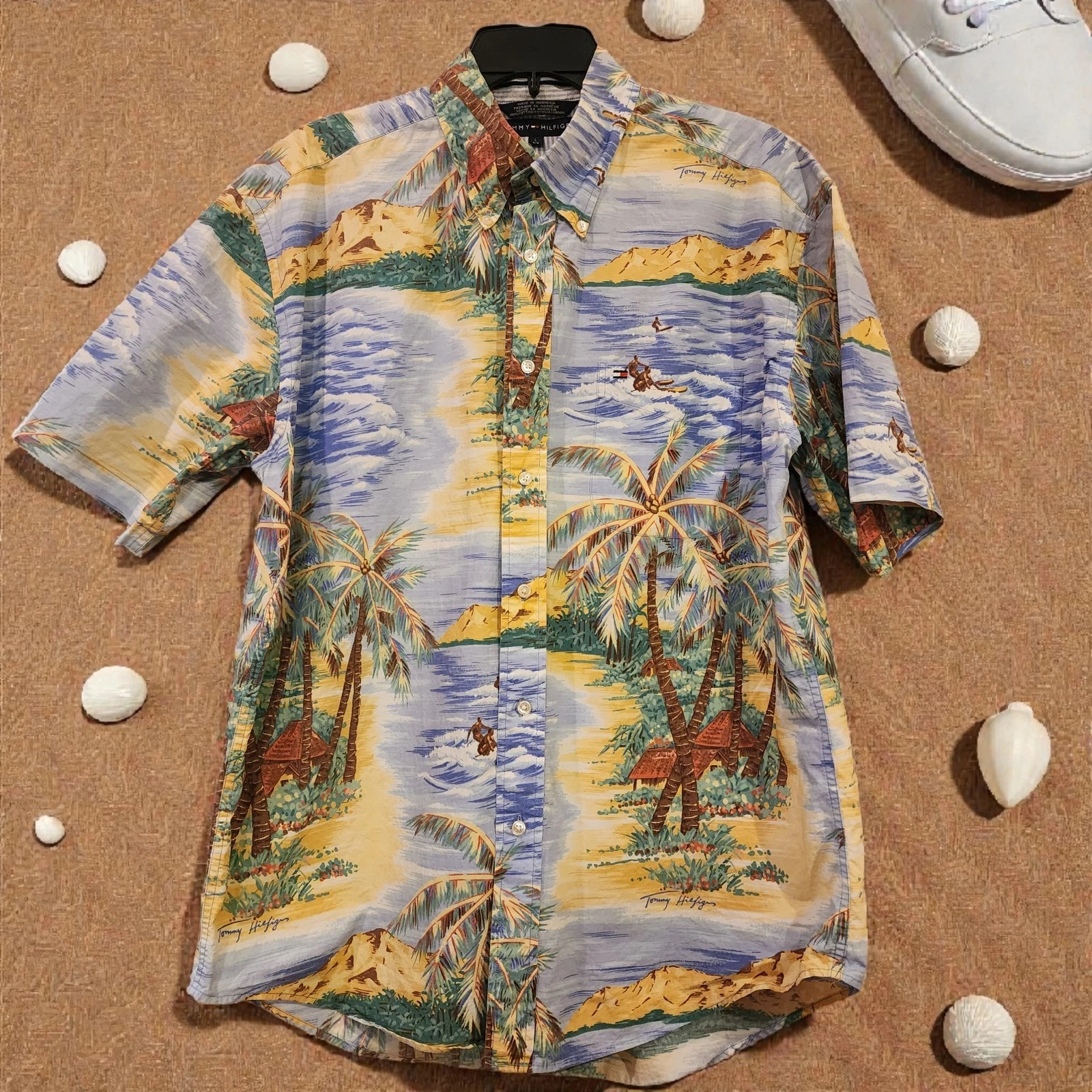 Y2K Tommy Hilfiger Men’s Palm Tree Hawaiian Cruise Button Front Size Large