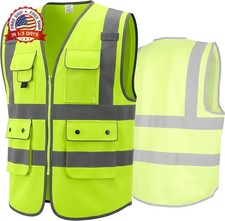 Class 2 High Visibility Safety Vest with Zipper Front, 9 Pockets Reflective St
