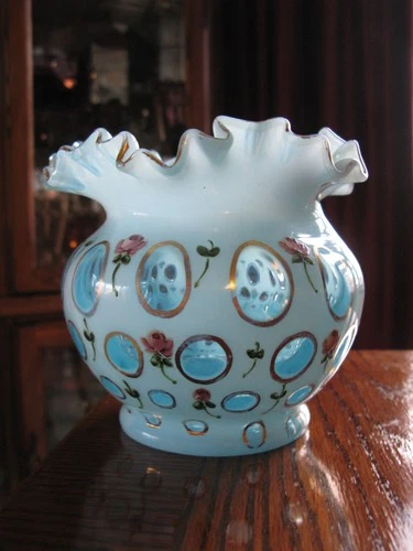 RARE Fenton Blue Coin Dot Gold Trim Hand Painted Rose Bulbous Vase Ruffled Rim