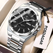 43MM POEDAGAR Quartz Watch Day-Date Men's Stainless 30M Waterproof Luminous NEW