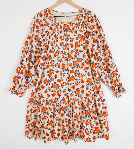 Elizabeth & James Floral Pintuck Tunic Dress Orange Cottagecore Boho Peasant L