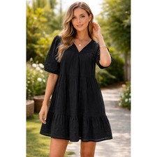 Old Navy Womens Black Eyelet Tiered Mini Dress V-Neck Puff Sleeve Small
