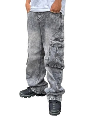 LIME TREE Baggy Acid Wash Cargo Jeans   Loose Fit Streetwear Pants Stone Black