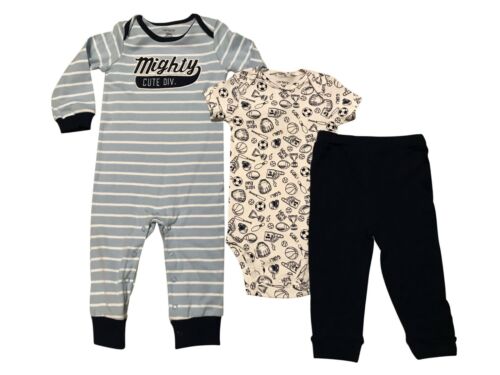 Boys Blue Long Sleeve 3pc Romper Bodysuit Pant Set 12M