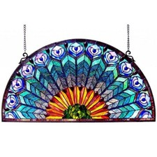 Stained Glass Peacock Design Tiffany Style Window Panel Suncatcher 35inW x 18inH
