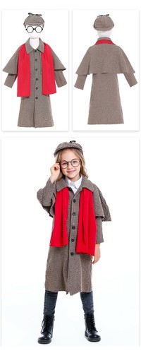 Kids Sherlock Holmes Detective Costume Child Boys Girls Book Week Cosplay Coat - Picture 8 of 11