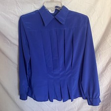 City Girl Vintage Button Back Pleated Collared Shirt Blue Shoulder Pads Business