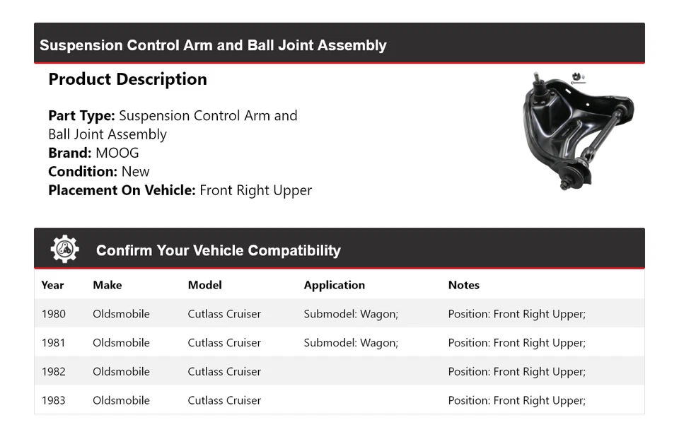 For 1980-1983 Oldsmobile Cutlass Cruiser Control Arm Front Right Upper MOOG 1980 - Image 2 of 4