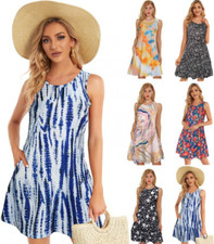 Women's Sleeveless Head Element Print Pocket Large Swing Crew Neck Vest Dress