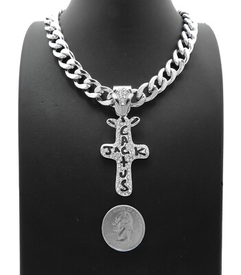 Travis Scott Cactus Jack Cross Silver Pendant 18'' 20'' 24'' Cuban Chain Necklace