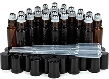 24 Pk, Amber, 10 ml Glass Roll-on Bottles , Stainless Steel Roller + 3 Droppers