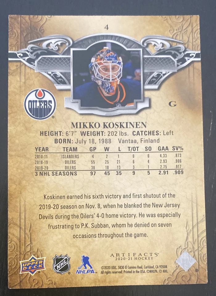 MIKKO KOSKINEN 2020-21 UD ARTIFACTS BASE CARD #4 OILERS - Image 2 of 2