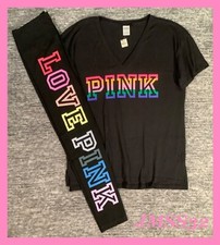 Victoria's Secret Pink Rainbow Legging SS Tee Shirt  Leggings Set Black Logo L